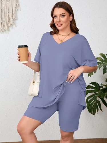 Image of AusLook Women's Plus Size 2 Piece Short Outfits Set Short Sleeve Tops and Shorts Pants Lounge Jogging outfits Matching Set