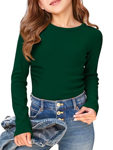 Image of Haloumoning Girls Long Sleeve Shirts Crewneck Ruched Side Slim Fit Tops Ribbed Knit Casual Tee Shirt 4-15 Years