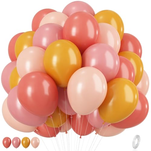 Pink and Yellow Balloons, 12 Inch Retro Blush Yellow Balloons, Dusty Pink Maca Orange Latex Balloon for Girls Boho Daisy Groovy Fall Birthday Bridal Shower Wedding Engagement Thanksgiving Party Decor