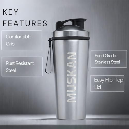 Image of Speedex YouFit Customized Stainless Steel Gym Shaker Bottle 750ml with Mixing Ball, Leakproof Flip Cap, Wide Mouth, Measurement Markings, Personalized Name /Logo Metal Protein Shaker - Silver