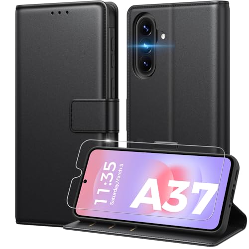 Peakally Handyhülle für Samsung Galaxy A37 5G Hülle [Mit 1 Stück Panzer Schutz Glas] [3 Kartenfach] [Premium PU Leder] [RFID-Blockierung] Klapphülle kompatibel mit Galaxy A37 5G / A37 4G - Schwarz