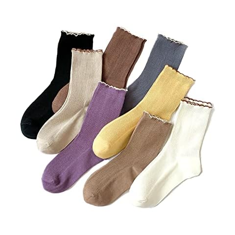 TeenFighter 8 Pairs of Cotton Crew Size Socks for Women in All Season, Ruffle Turn-Cuff Thin Knit Lettuce Frilly Sock, Solid Color Socks for Girls, Shoe Size 5-11 Cover