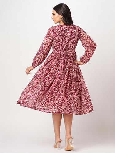 Selvia Women's Georgette Fit And Flare Knee-Length Dress (693Dtk7834N-M_Dark Pink & Beige