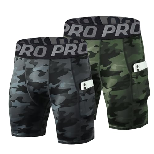 LNFINTDO 2er Pack Herren Kompressionsshorts Funktionsunterwäsche Tights Kurz Unterhose Sport Laufhose Schnelltrocknendes Base Layer Tights atmungsaktive Radlerhose mit Handytasche