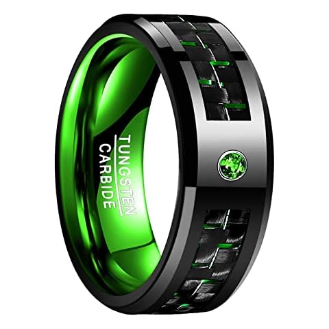 Phyonio Red/Green/Blue Carbide Ring Men Women 8 mm with Carbon Fibre Inlay for Promise Engagement Wedding Comfort Fit Size 54 to 74, WOFRAM Cover