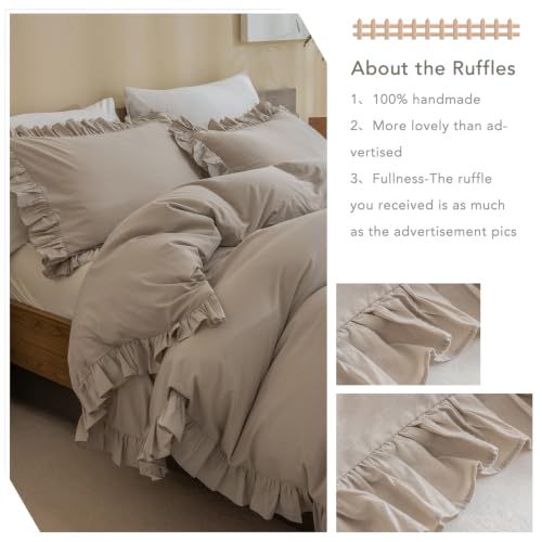 Image of QSH Washed Cotton Queen Duvet Cover Set Ruffle Duvet Cover Linen Textured Farmhouse Shabby Vintage Chic Bedding Comforter Cover 3 PCs Aesthetic French Country Queen Bed Set