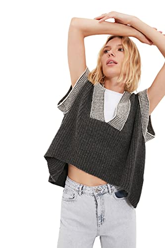 Trendyol Anthracite Wide Fit Soft Textured Color Block Knitwear Sweater TWOAW21BZ0014,Anthracite S