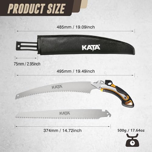 KATA 13.7 Inch Hand Pruning Saw Set, SK5 Curved and Straight Saw Blade in Oxford Safety Sheath, Survial Camping Hand Saw for Tree Trimming, Gardening, Wood Cutting - Thumbnail 2
