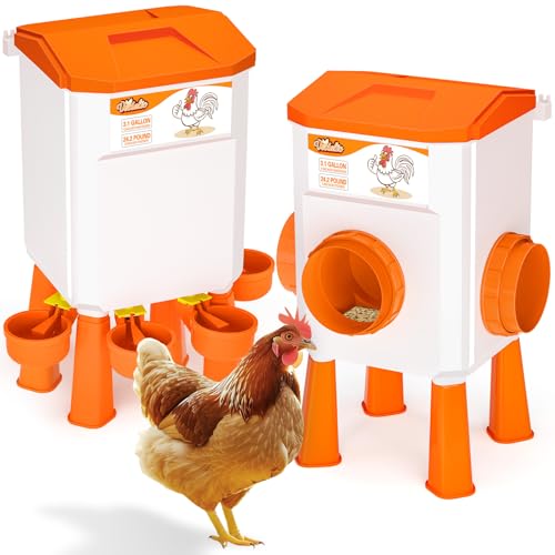 Chicken Feeder and Waterer Set, Chicken Coop Accessories, 3.1 Gallon/24.2 Pounds, Automatic Chick Feeder and Waterer Set No Waste by VEDALIO - Used condition - US$27.08