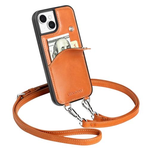 LUCKYCOIN Crossbody Wallet Purse Case for iPhone 15 Genuine Leather Drop-Protection Phone Case for Women with Expandable Card Holder & Adjustable Strap Hands-Free for Travel & Daily Use -Brown