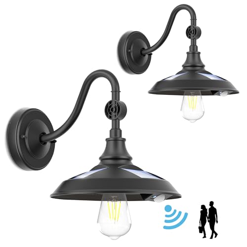 LeiDrail Solar Barn Lights, Aluminum Rustic Vintage Solar Garage Lights with 3 Lighting Modes & Motion Sensor, Waterproof Outdoor Solar Gooseneck Lights for Barn Shed Chicken Coop Patio (2 Pack)