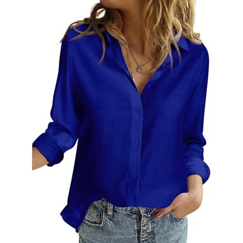 Women’s Linen Button Down Work Shirts Long Sleeve Solid Blouses Medium 00133_royal Blue