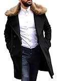 PASLTER Men's Winter Trench Overcoat Removable Faux Fur Collar Top Coat Double Breasted Business Long Pea Coat Black