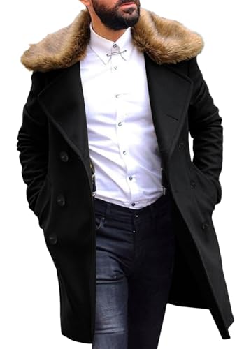 PASLTER Men's Winter Trench Overcoat Removable Faux Fur Collar Top Coat Double Breasted Business Long Pea Coat