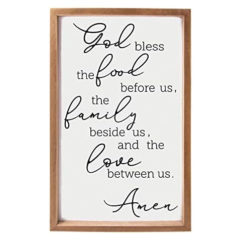 VILIGHT House Warming Gifts for New Home - Farmhouse Wall Decor for Dining Room and Kitchen - Rustic Wood Sign with Quotes Bless The Food Before Us - Vertical 16x9.5 Inches Cover