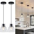 Hammered Glass Pendant Lights Kitchen Island 2 Pack, 5.9” Small Black Farmhouse Pendant Light Fixtures, Adjustable Modern Hanging Lighting Kitchen Pendant Lights over Island Sink Bathroom Dining Room