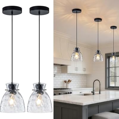 Hammered Glass Pendant Lights Kitchen Island 2 Pack, 5.9” Small Black Farmhouse Pendant Light Fixtures, Adjustable Modern Hanging Lighting Kitchen Pendant Lights over Island Sink Bathroom Dining Room