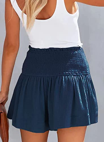 Beadchica Womens Casual Cute Summer Shorts Elastic High Waisted Pleated Ruffle Comfy Flowy Short Beach Pants-Dark Blue-Xxl #TOP2