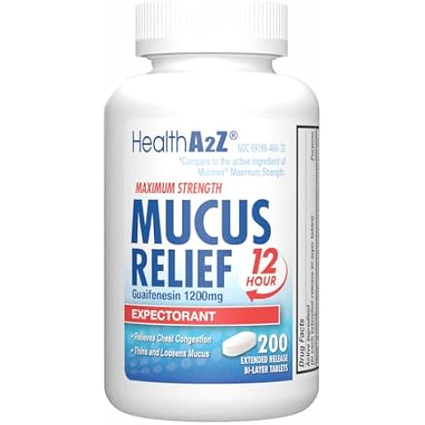HealthA2Z® Mucus Relief | Guaifenesin 1200 mg | NO Benzene | 200 Tablets | Maximum Strength | 12 Hour | Expectorant | Relieves Chest Congestion | Thins and Loosens Mucus