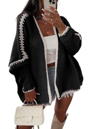 Image of chouyatou Women Fall Open Front Color Block Cardigan Sweater Casual Striped Chunky Knit Oversized Cardigan