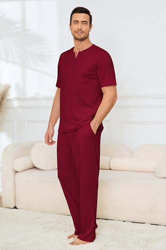 Image of JiniGolla Mens Pajamas Set Soft Short Sleeve Top and Pant Loungewear Sets 2 Piece Pjs with Pockets