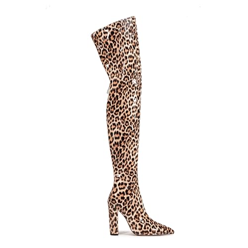 Thigh high boots Womens Chunky heels Over the knee boots Pointed toe side Back zipper brown leopard high heel Knee high pink boots4