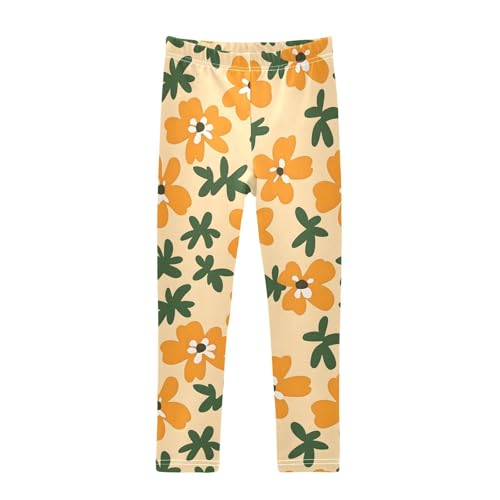 Yellow Flowers Green Leaves Girls Leggings Ultra Soft Compression Yoga Gym Pants for Kids 4-10T