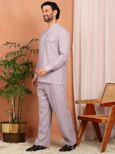 Image of See Designs Men's Full Sleeve Mandarin Collar Linen Solid Pathani Set