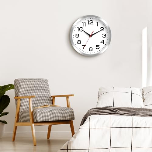 Image of Roymnie 8 Inch Small Wall Clock, Battery Operated Silent Non Ticking Silver | analog wall clock; bold numerals for easy reading; silent non-ticking; 1 AA battery (not included); for classroom
