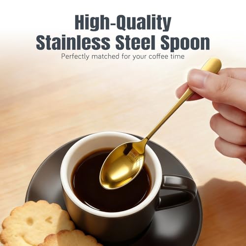 Image of Lareina 4 Ounce Espresso Cups with Saucers, Spoons and Metal Stand, Small Stackable Coffee Cups Set of 4, Ceramic Demitasse Cups for Nespresso Lungo, Double Espresso, Black