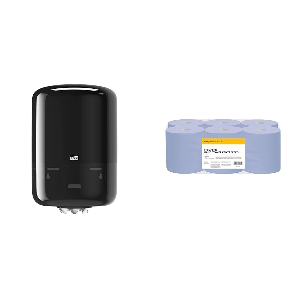 Tork Distributeur à Dévidage Central Noir M2, utilisable d'une Seule Main, Gamme Elevation, 559008 & AmazonCommercial Essuie-Mains en Papier, Rouleau Centrefeed 2 Epaisseurs Recyclé, 6 Rouleaux