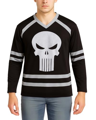 Marvel Herren Hockeytrikot – Spider-Man Punisher und Mickey Mouse, klassisch, langärmelig, Netz-Grafik, Hockey-Trikots für Herren, Black Punisher, L