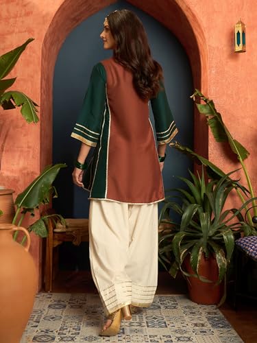 Image of EthnicJunction Women's Cotton Silk gota Patti Work High-Low Kurti with farshi Salwar | Co Ord Set for Women Stylish | Festival wear | Kareena Kappor Kurta Set | Wedding | Ethnic Kurta Set