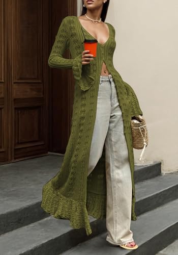 Image of Unybwonn Long Cardigans for Women Crochet Hollow Out Knit Sweater Cover up Maxi Dress Long Sleeve Button Down Cardigan