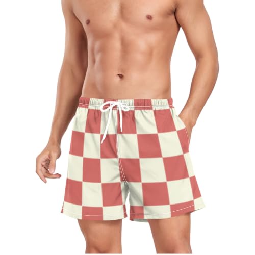 Bañador para hombre a cuadros rojos y beige de secado rápido para playa 4