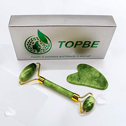 TOPBE Jade Roller & Gua Sha Scraper For Face，Facial Beauty Roller Skin Care Tools, Green Massager for Face, Eyes, Neck, Body Muscle Relaxing and Relieve Fine Lines and Wrinkles