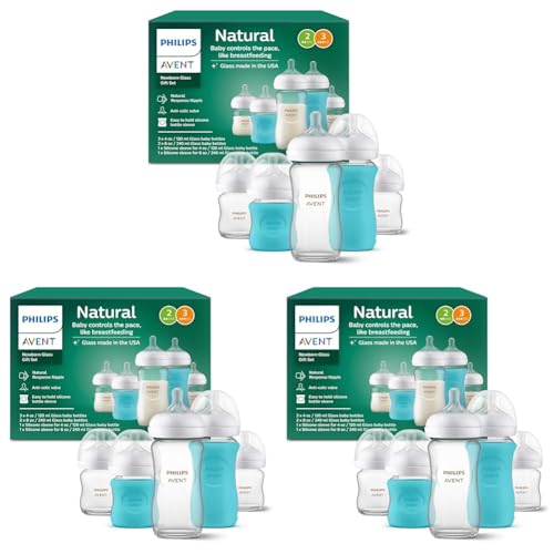 Image of Philips Avent Natural Newborn Glass Gift Set, Baby Bottles with Natural Response Nipples, 3X 4oz (Slow Flow, Flow 2) and 2X 8oz (Medium Flow, Flow 3), 2X Silicone Sleeves, SCD858 /01 (Pack of 3)