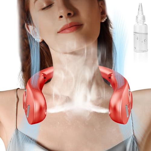 Image of Portable Neck Fan with Water Mist, 4000mAh 4-9H Lasting, LED Display & 5 Fan-Speed, Dual Vents Rechargeable Neck AC, Hands-Free Bladeless Face Fans for Women Men Teens Birthday Gifts Beach Golf, Red