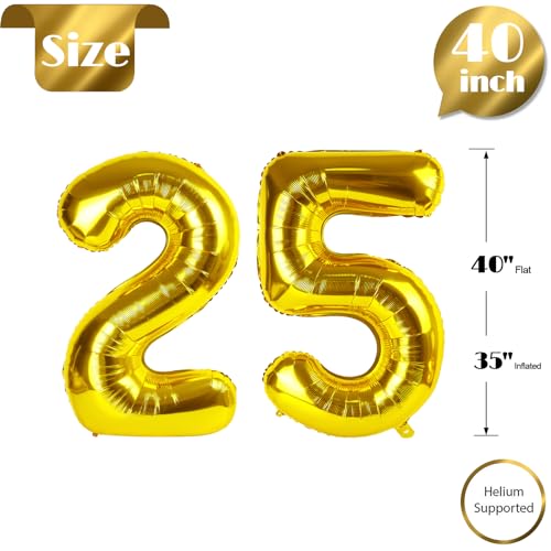 Image of Gold Number 25 Balloon 40 inch, 25 Number Balloons, 25th Gold Birthday Decorations, 25 Year Old Women Men Golden Party Supplies