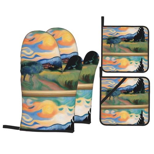 WHJSHOP El juego de cuatro piezas con patrón de pintura al óleo Dawn Under para hornear incluye 2 guantes aislados y 2 almohadillas para tapa de olla con bolsillos gruesos y duraderos