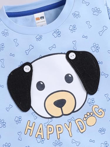 Image of LITTLE NINJA Pure Cotton Knee Length Half Sleeve Cute Puppy Printed Tee & Shorts Set - Sky Blue 0-6M