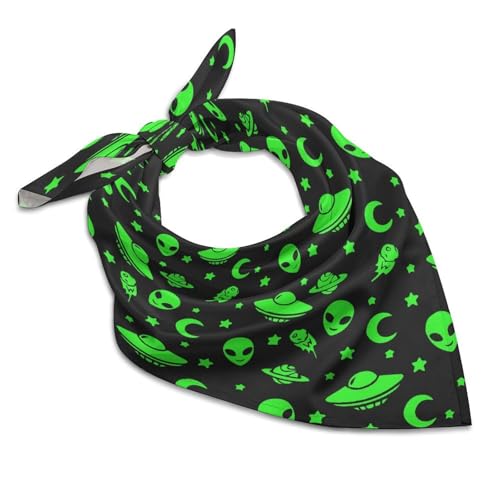 Vintage Scarf Handkerchief for Men Women, Smooth Polyester Bandana Alien Funny Spaceships Planet Green Black, Multi Purpose Face Mask Neck Gaiter