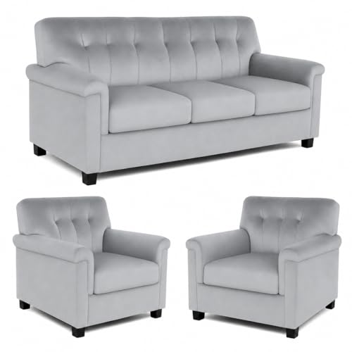 Image of FURNY Woodswave 5 Seater 3+1+1+2 Puffy Sofa Set for Living Room in Premium Velvet Finish (Light Grey) Durable & Comfortable Ideal for Living Rooms