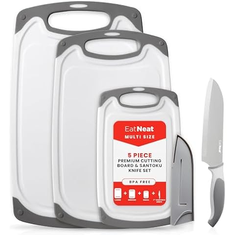 EatNeat 5 Piece Set - Cutting Boards and Knife Set - Stainless Steel Santoku Knife with Sheath. Perfect for Home Kitchen & Outdoor Food Preparation, Cutting & Slicing Meats, Vegetables & Fruits Cover