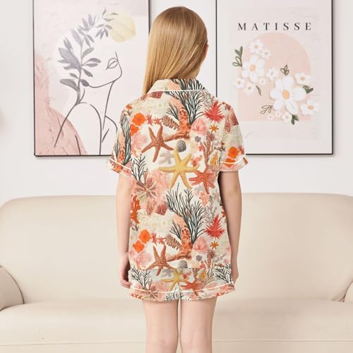ALAZA Red Coral Reef Starfish Seashell Satin Pajamas Set Short Sleeve Button Down Sleepwear Summer Pjs 2 Piece4