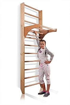 Wooden Swedish Ladder, Stall Bars Set for Physical Therapy & Gymnastics (with Adjustable Pull-up Bar)