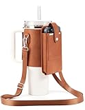 molshine Water Bottle Carrier Bag Holder with Phone Pocket Adjustable Strap for Stanley 30 40oz, Insulated PU Leather Cover Sleeve Sling Crossbody Bag for Walking Camping Hiking Travelling (Brown)