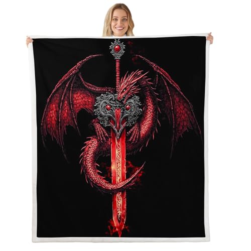 feelingyou Couverture polaire Western Dragon Kids - Épée rouge foncé - Style gothique - Pour adulte - Animal sauvage magique - Noir - En polyester léger -...