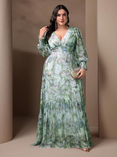 Image of Spring Summer 2024 Plus Size Womens Dresses V Neck Casual Elegant Long Sleeve Floral Print Maxi Dress