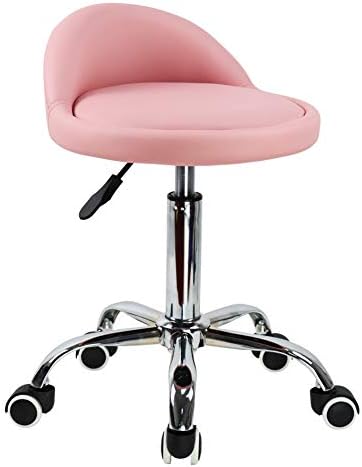 KKTONER PU Leather Round Rolling Stool with Back Rest Height Adjustable Swivel Drafting Work SPA Task Chair with Wheels Pink